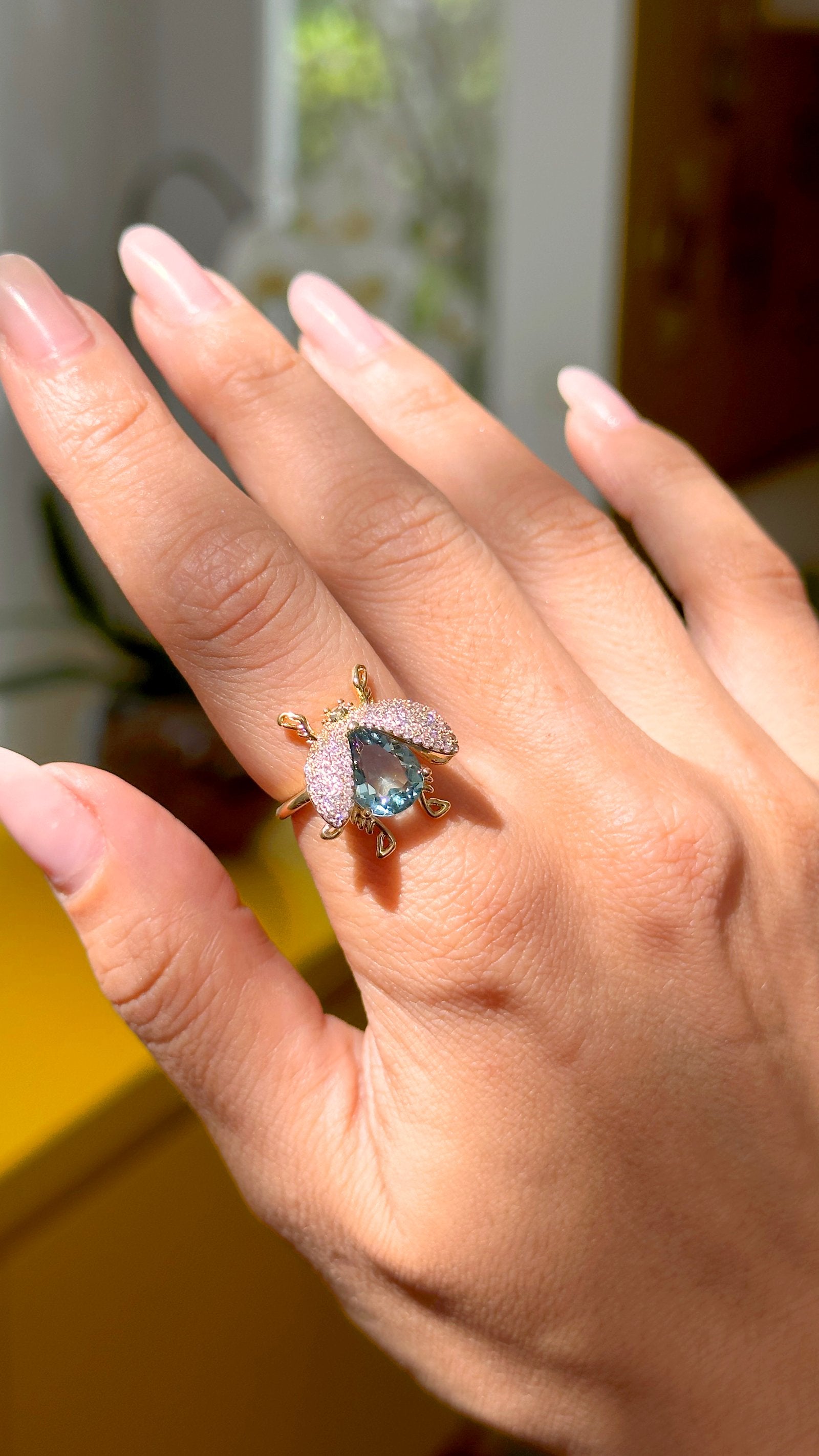 London Blue Crystal & Pink Zirconia Bug Ring