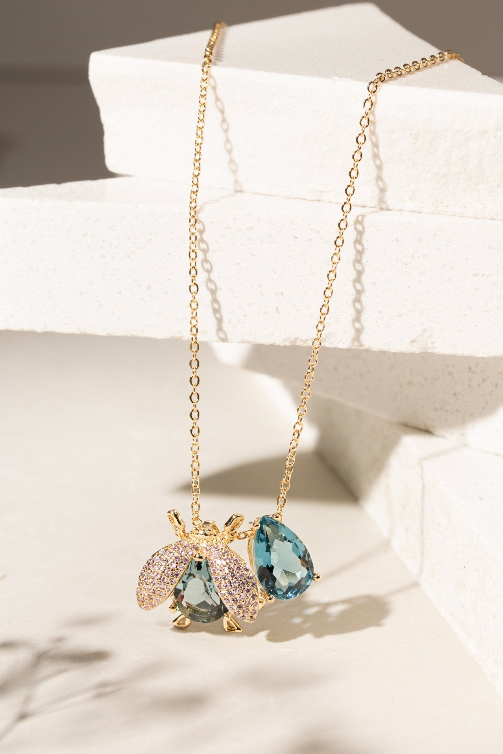 London Blue Crystal & Pink Zirconia Bug Necklace