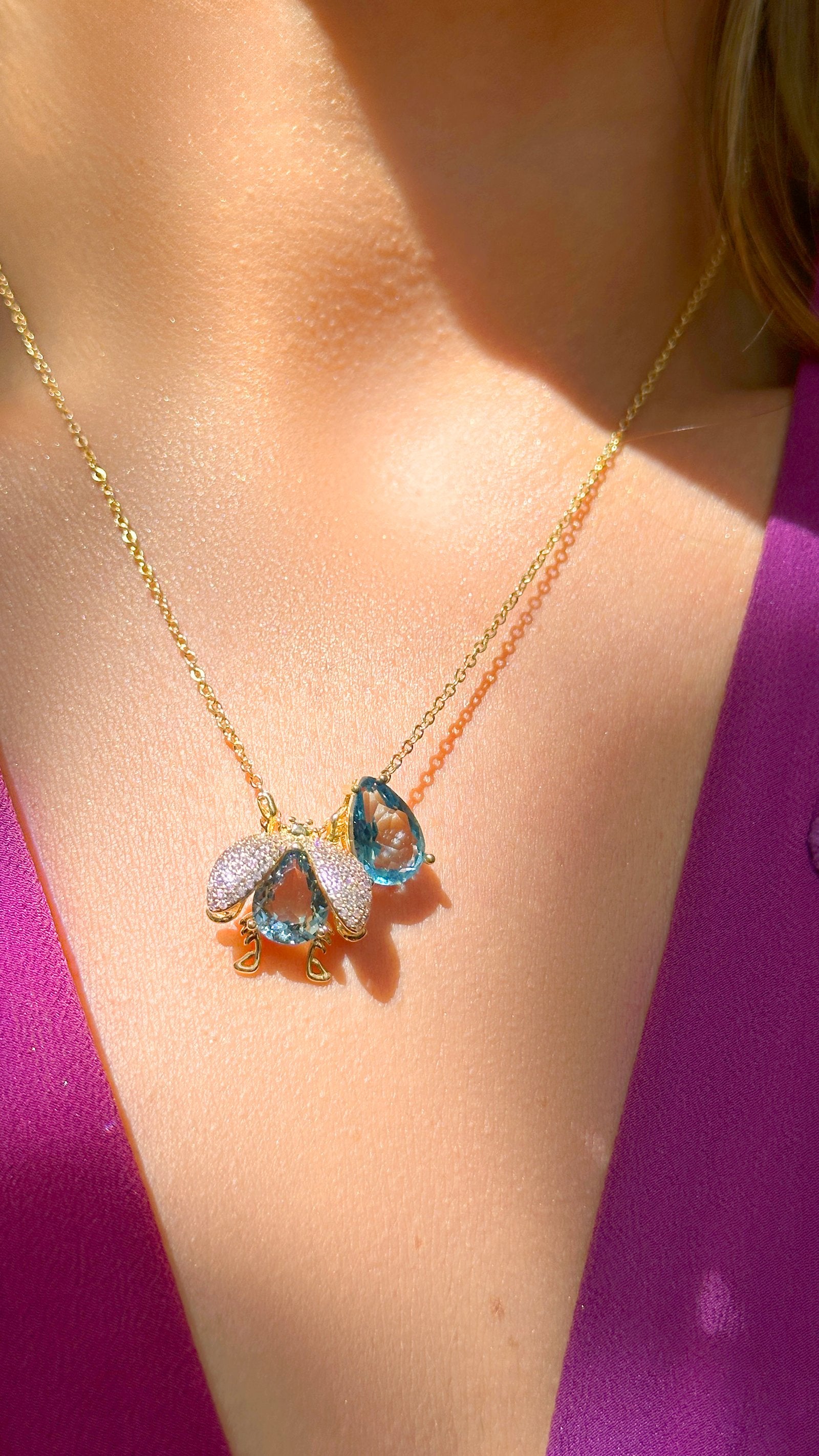 London Blue Crystal & Pink Zirconia Bug Necklace