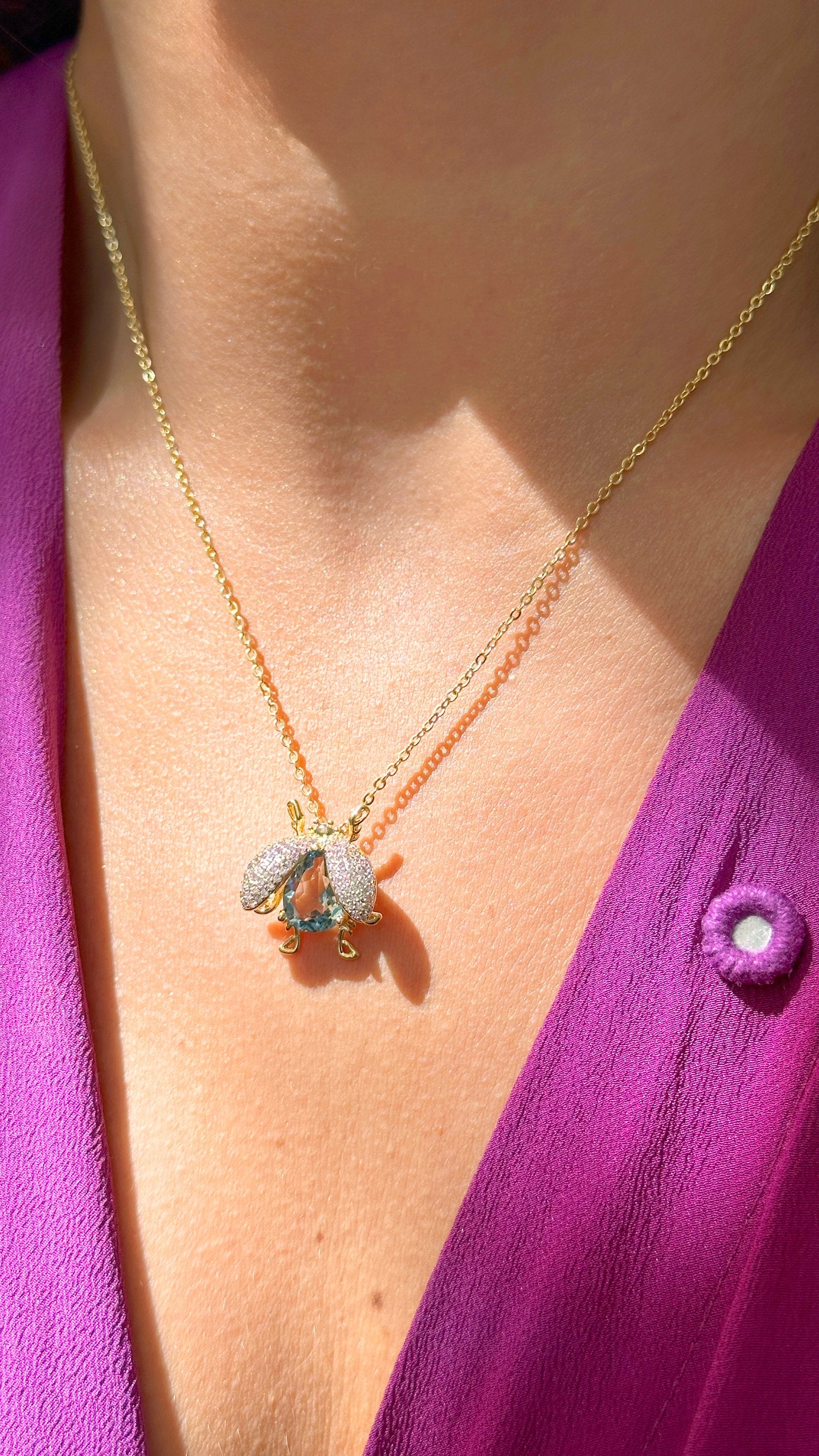 London Blue Crystal & Pink Zirconia Bug Necklace